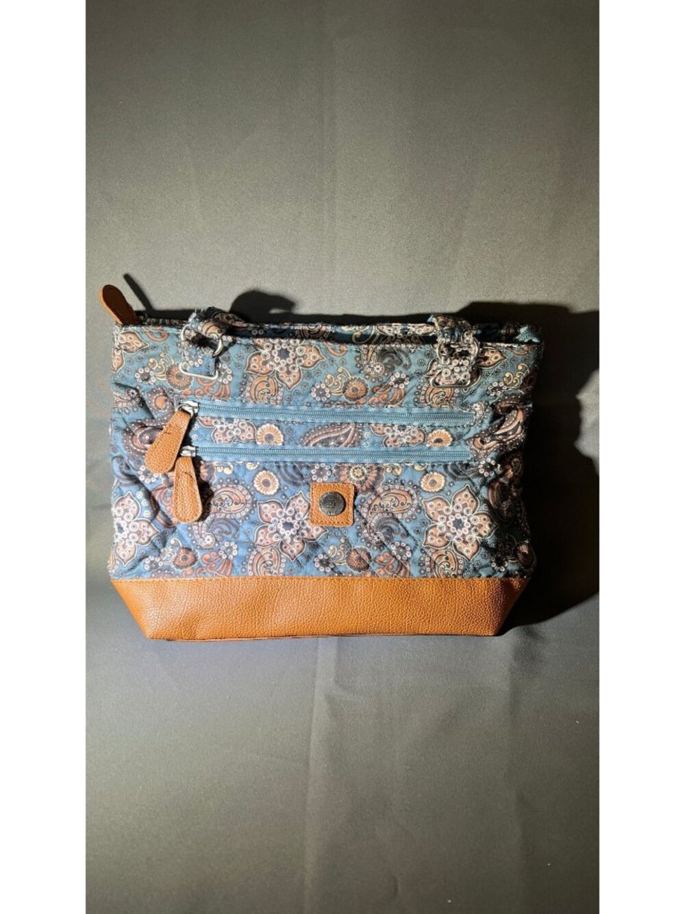 Stone Mountain Quilted Blue & Brown Paisley Tote Bag With Leather Accents Dual H